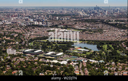Aerial view from a helicopter taken on Thursday July 4th of the Wimbledon Championships at the All England Lawn Tennis and Croquet Club, Wimbledon. Stock Photo