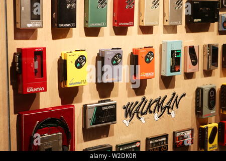 Detail of 'Walkman Wall', an exhibit containing 237 Walkman models. It is in the '#009 Walkman in the Park' exhibition at Ginza Sony Park.(7/2019) Stock Photo