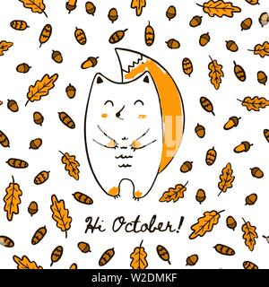 Cute Autumn Hand Draw Squirrel On the Seamless Pattern Of Acorn leaves and Cones. Vector Background Squirrel in the forest with the inscription Hi Oct Stock Vector