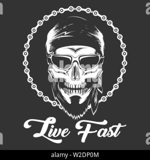 Motorcycle graphic Desing. Skull in Bandana on motorcycle chain background with wording Live Fast. Vector illustration. Stock Vector