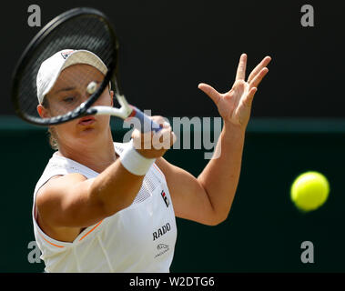 London, Britain. 8th July, 2019. Ashleigh Barty of Australia competes during the women's singles fourth round match with Alison Riske of the United States at the 2019 Wimbledon Tennis Championships in London, Britain, on July 8, 2019. Credit: Han Yan/Xinhua/Alamy Live News Stock Photo