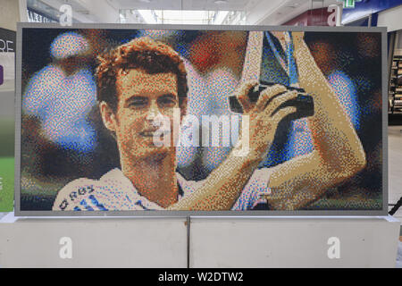 London, UK. 8th July, 2019. A mosaic of British tennis player Andy Murray made of lego pieces is displayed at the Centre Court shopping centre in Wimbledon as part of Legend Lawn. Credit: Amer Ghazzal/SOPA Images/ZUMA Wire/Alamy Live News Stock Photo