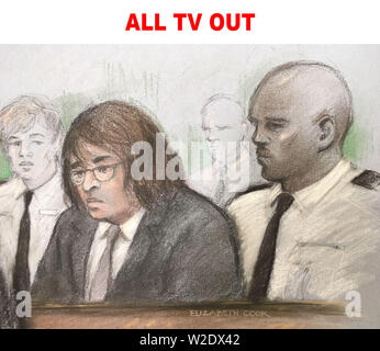 ALL TV OUT Court artist sketch by Elizabeth Cook of Kyle Davies in Gloucester Crown Court where he is accused of trying to buy a Glock pistol. Stock Photo