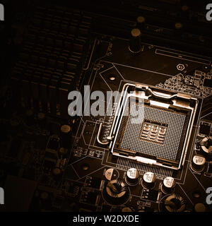 image of the motherboard without a PC processor closeup, Blue tone and light effect Stock Photo