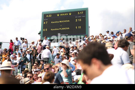 General view of the score card after the round of 16 match between Karolina Pliskova and Karlolina Muchova on day seven of the Wimbledon Championships at the All England Lawn tennis and Croquet Club, London. Stock Photo