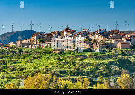 Wind turbines over Sorita, Maestrat (Maestrazgo) region, Castellon province, Valencia Community, Spain Stock Photo
