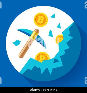 Cryptocurrency mining icon concept with pickaxe, coins in mountains Stock Vector