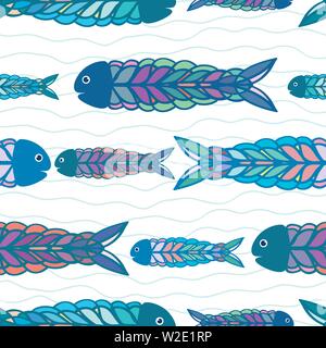 Hand drawn rows of multicolor fish in folk art style design. Seamless vector pattern on white background with doodle waves. Great for wellness, beach Stock Vector