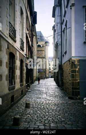 Narrow cobbled road in the city of Rennes, captial of Brittany, France Stock Photo