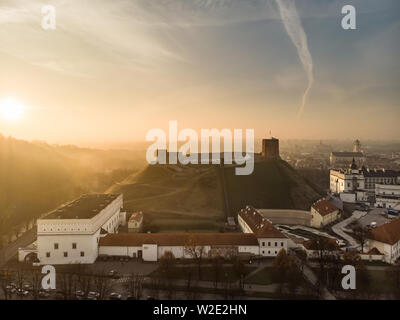 Aerial view of Gediminas' Tower, the remaining part of the Upper Castle in Vilnius. Sunrise landscape of UNESCO-inscribed Old Town of Vilnius, the hea Stock Photo
