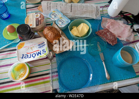 View from above of the many breakfast food choices laid at table breakfast setting Stock Photo
