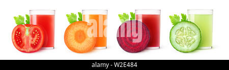 Isolated vegetable juices. Glasses of tomato, carrot, beet and cucumber drinks and one slice of fresh fruit isolated on white background with clipping Stock Photo