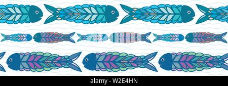 Hand drawn rows of multicolor fish in folk art style border design. Seamless vector pattern on white background with doodle waves. Great for beach Stock Vector