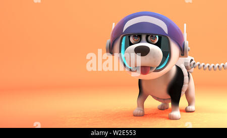 Cute puppy dog wears spacesuit while exploring Mars, 3d illustration render Stock Photo