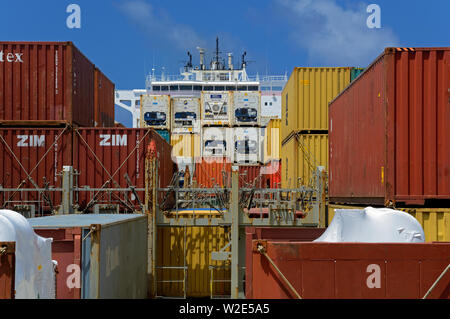 south atlantic ocean, international waters - january 14, 2014: view onto containers stowed on deck of the container vessel msc alessia (imo no 9225653 Stock Photo