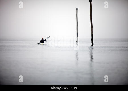 Male kayaker passes tall mooring poles as he paddles in the waters of a foggy harbour. Stock Photo