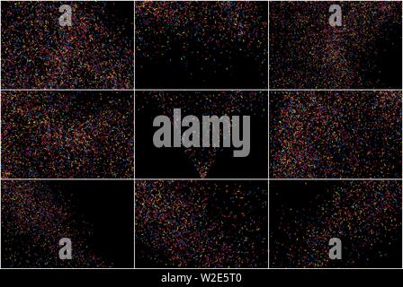 Set of Multicolored Texture Isolated on Black. Colorful Explosion of Confetti. Celebratory Background. Flat Design Element. Vector Illustration, EPS 1 Stock Vector