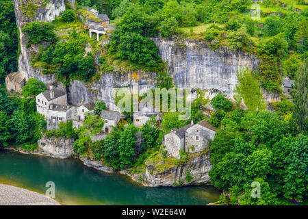 Chateau and abandoned village of Castelbouc by River Tarn, commune Gorges du Tarn, Department Lozère, Occitanie, France. Stock Photo