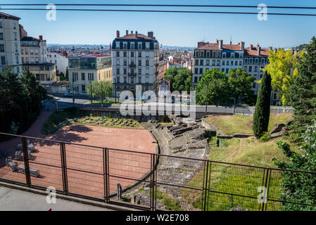 Amphitheatre of the Three Gauls, Built in 19 AD, this Roman amphitheater was used for shows, circuses & executions of Christians, Lyon, France Stock Photo