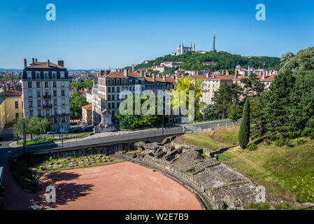 Amphitheatre of the Three Gauls, Built in 19 AD, this Roman amphitheater was used for shows, circuses & executions of Christians, Lyon, France Stock Photo