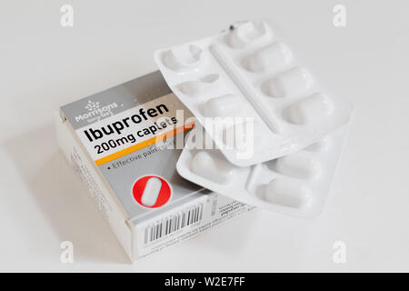 Packet of Ibuprofen painkillers, closeup with blister packs of tablets Stock Photo