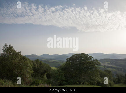 A view along the Vale of Conwy to the mountains of Snowdonia on a summer evening near the village of Eglwysbach Conwy North Wales Stock Photo