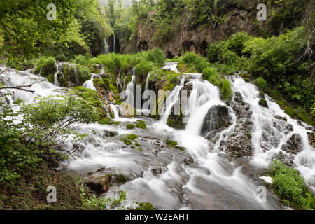 Summer view of Roughlock Falls on the Spearfish Canyon Scenic Byway in the Black Hills National Forest of South Dakota Stock Photo