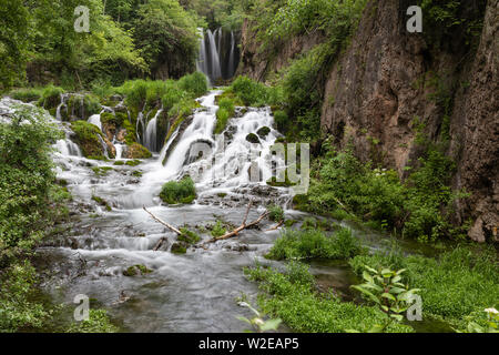 Summer view of Roughlock Falls on the Spearfish Canyon Scenic Byway in the Black Hills National Forest of South Dakota Stock Photo