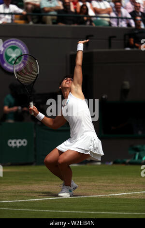 London, UK. 08th July, 2019. Wimbledon, London, UK. 8th July, 2019. Carla Suarez Navarro of Spain serving during her fourth round match against Serena Williams at Wimbledon today. Credit: Adam Stoltman/Alamy Live News Stock Photo