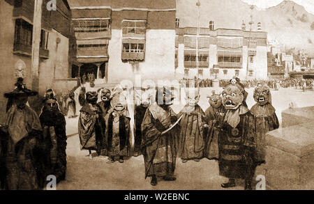 1907 A Carnival at a Tibetan Monastery with monks impersonating demons associated with their religion. Stock Photo