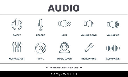 Audio Buttons icons set collection. Includes creative elements such as Record, Mute, Volume Down, Volume Up, Vinyl and Music Lover premium icons Stock Photo