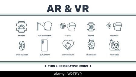 Visual Device icons set collection. Includes creative elements such as Face Recognition, Virtual Reality Game, Augmented Reality Glasses, Dual Camera Stock Vector