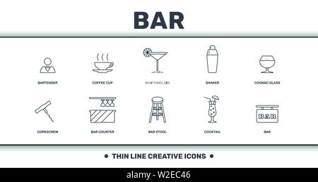 Bar And Restaurant icons set collection. Includes creative elements such as Bartender, Coffee Cup, Martini Glass, Shaker, Cognac Glass, Bar Counter Stock Vector