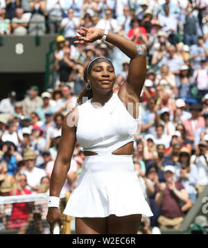 London, UK. 8th July, 2019. Serena Williams (USA) celebrates after winning her match against Carla Suarez Navarro (ESP) in their Ladies' Singles Fourth Round match. Credit: Andrew Patron/ZUMA Wire/Alamy Live News Stock Photo