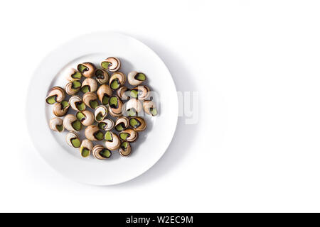 Escargots de Bourgogne on a plate isolated on white background Stock Photo