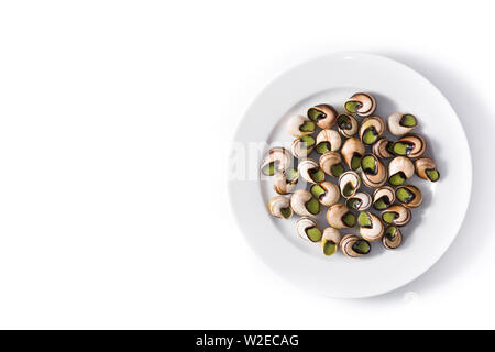 Escargots de Bourgogne on a plate isolated on white background Stock Photo