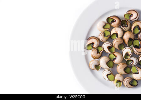 Escargots de Bourgogne on a plate isolated on white background Stock Photo