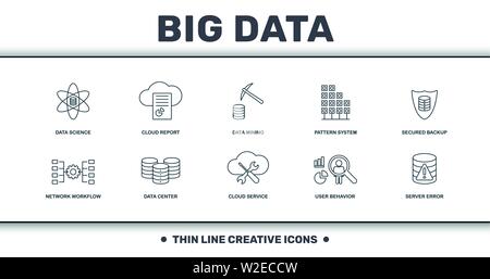 Big Data set icons collection. Includes simple elements such as Data Science, Cloud Report, Data Mining, Pattern System, Secured Backup, Data Center Stock Vector