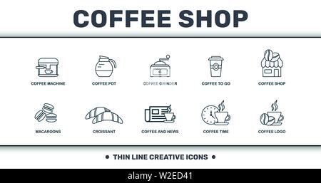 Coffe Shop set icons collection. Includes simple elements such as Coffee Machine, Coffee Pot, Coffee Grinder, Coffee To Go, Coffee Shop, Croissant and Stock Vector