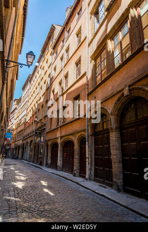 Atmospheric street in Vieux Lyon or Old Lyon, one of Europe’s most extensive Renaissance neighbourhoods, Lyon, France Stock Photo