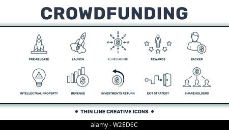 Crowdfunding icons thin line set collection. Includes creative elements such as Pre-Release, Launch, Fundraising, Rewards, Backer, Revenue and Stock Vector