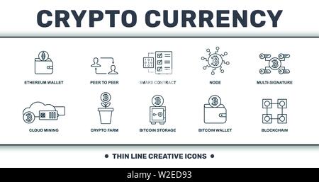 Crypto Currency icons thin line set collection. Includes creative elements such as Ethereum Wallet, Peer To Peer, Smart Contract, Node, Multi Stock Vector