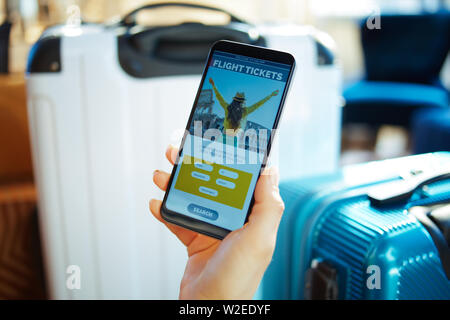 Closeup on female hand with smartphone near trolley bags at modern home in sunny hot summer day buying flights online using app. Stock Photo