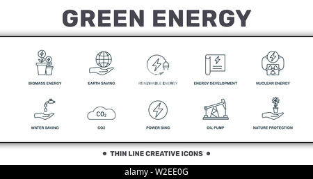 Power And Energy icons thin line set collection. Includes creative elements such as Biomass Energy, Earth Saving, Renewable Energy, Energy Development Stock Photo
