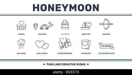 Honeymoon icons thin line set collection. Includes creative elements such as Dinner, Rings, Badroom, Boar Trip, Archery, Love Hearts and Honeymoon Map Stock Vector