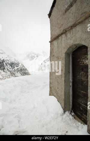 Alpine shelter in Mer de Glace valley under Mont Blanc massif in French Alsp Stock Photo