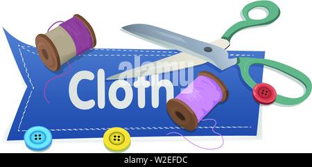 Word Cloth with scissors and thread and buttons Stock Vector