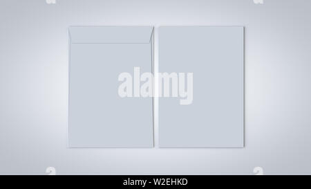 Opened and closed white A4 envelope, realistic 3D illustration for corporate branding presentation, isolated on white background. Stock Photo