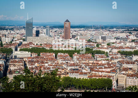 Panorama of the city from he Fourviere esplanade iincluding La Part-Dieu, the city's central business district, Lyon, France Stock Photo