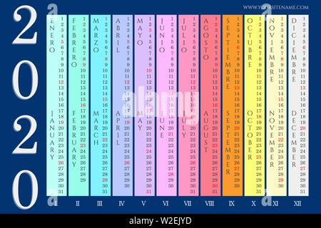 Colorful wall calendar 2020 with vertical months on navy blue background. Months in spanish and english language. Vector Stock Vector